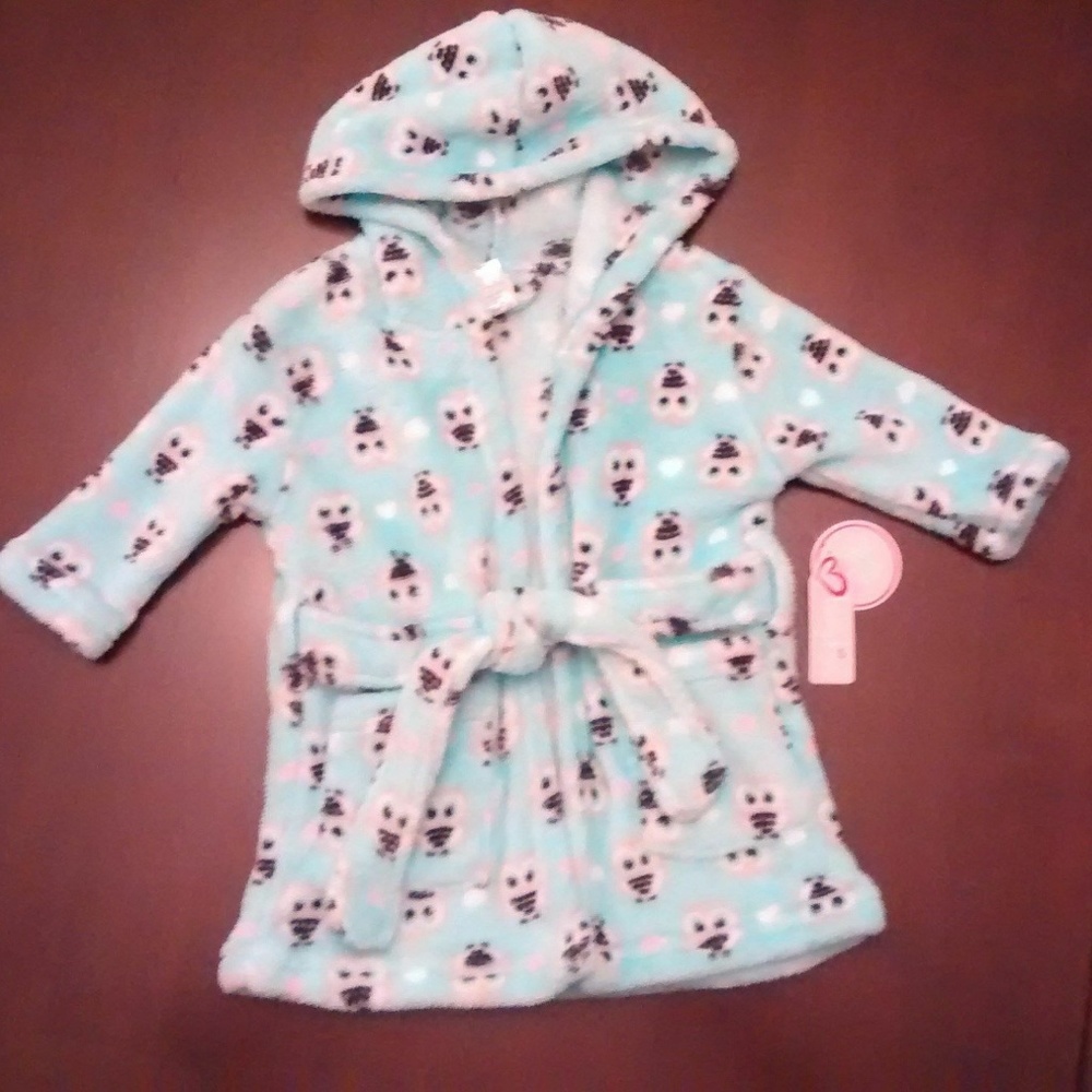 Plush Hooded Fleece Bath Robe Owl Print 0-9 mo.